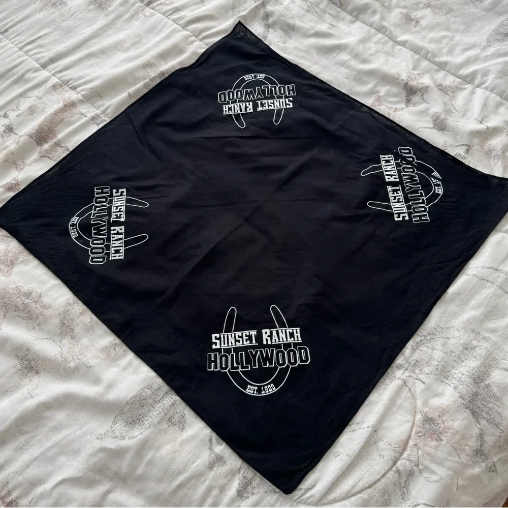 Sunset Ranch Hollywood Black Bandana with White logo Print, size 21x21 cotton